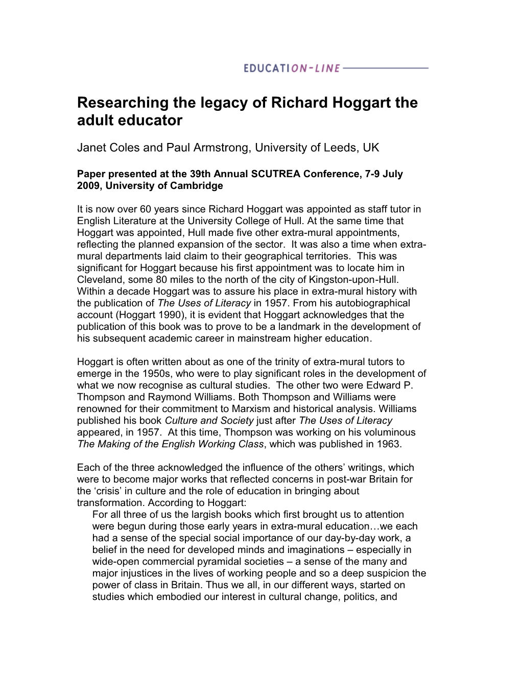 Researching the Legacy of Richard Hoggart the Adult Educator