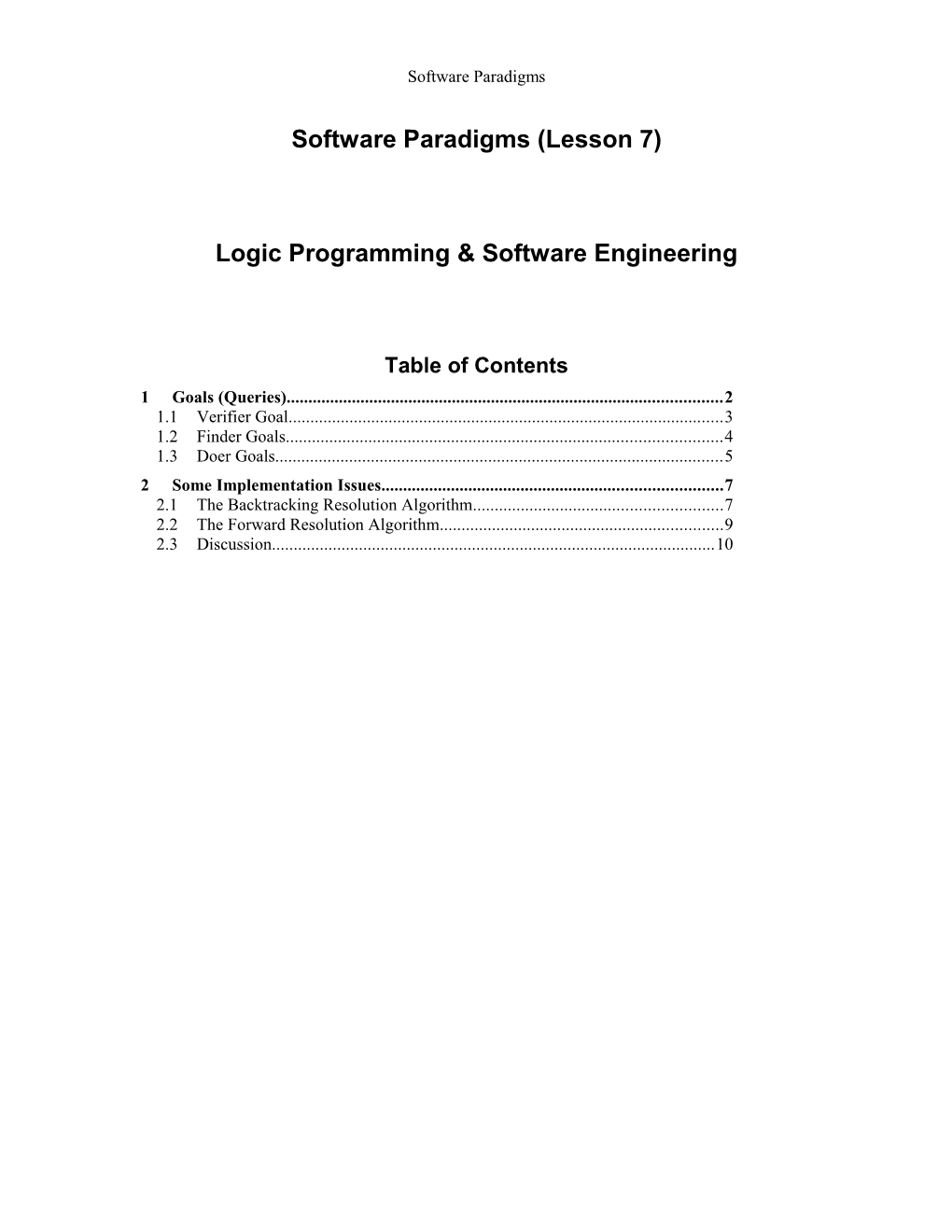 Lecture 7: Logic Programming Paradigm (2)