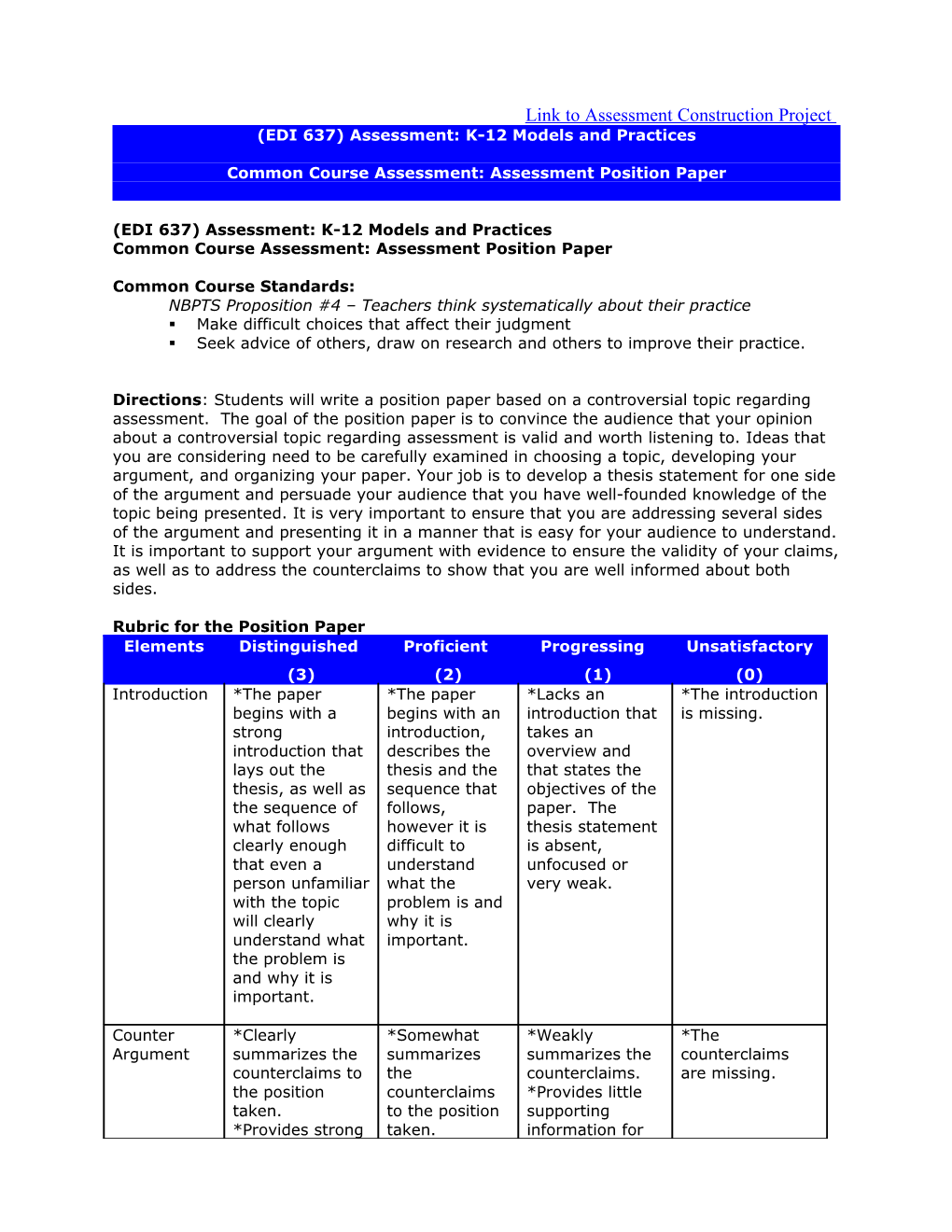 ED630 Common Course Assessment: Curriculum Problem Research Paper/Project
