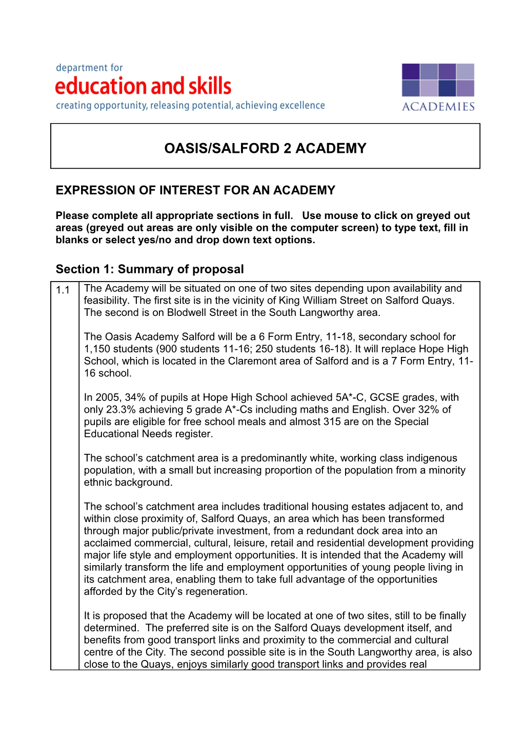 Section 2: Need for an Academy Click on the Boxes That Apply