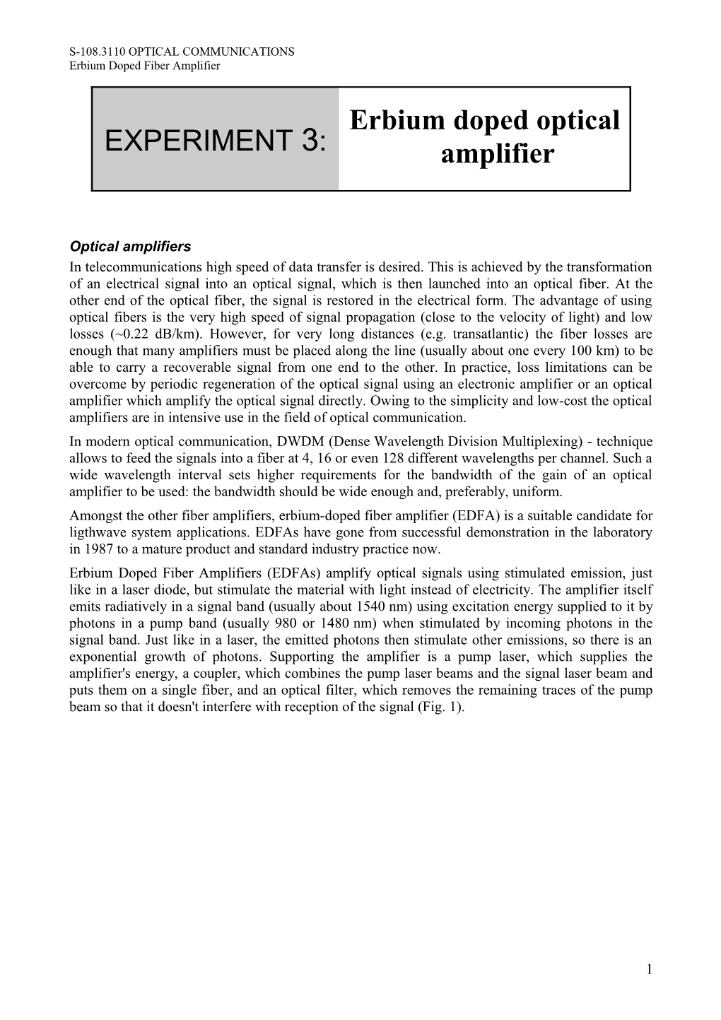Erbium Doped Optical Amplifier