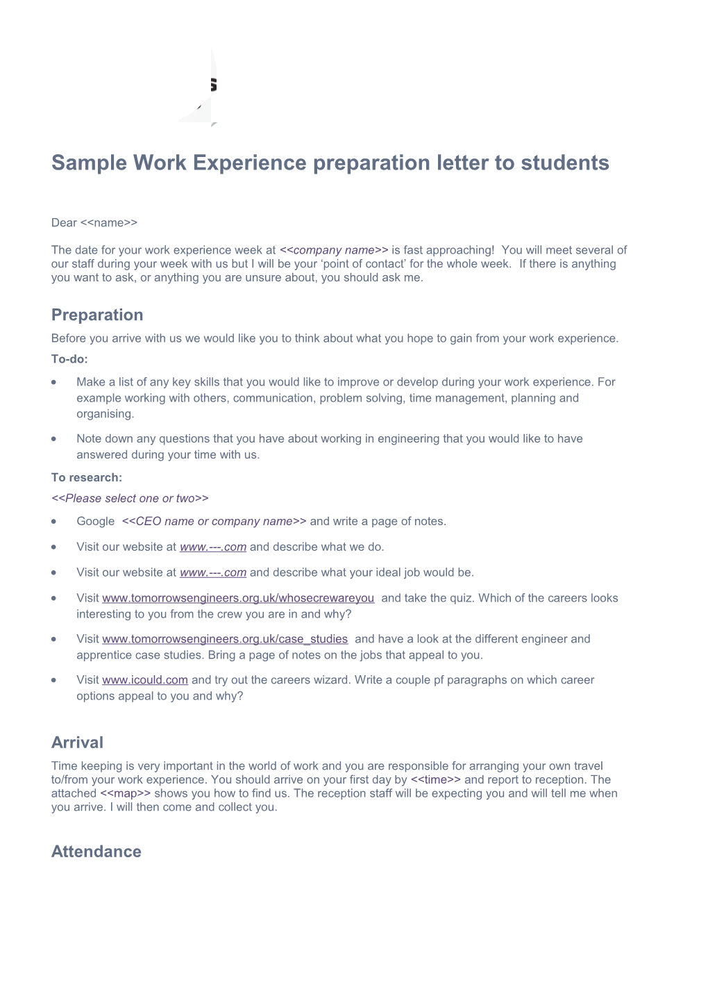 Sample Work Experience Preparation Letter to Students