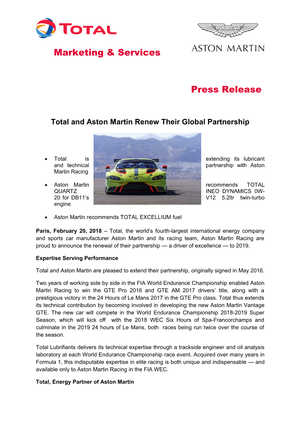 Total and Aston Martin Renew Their Global Partnership