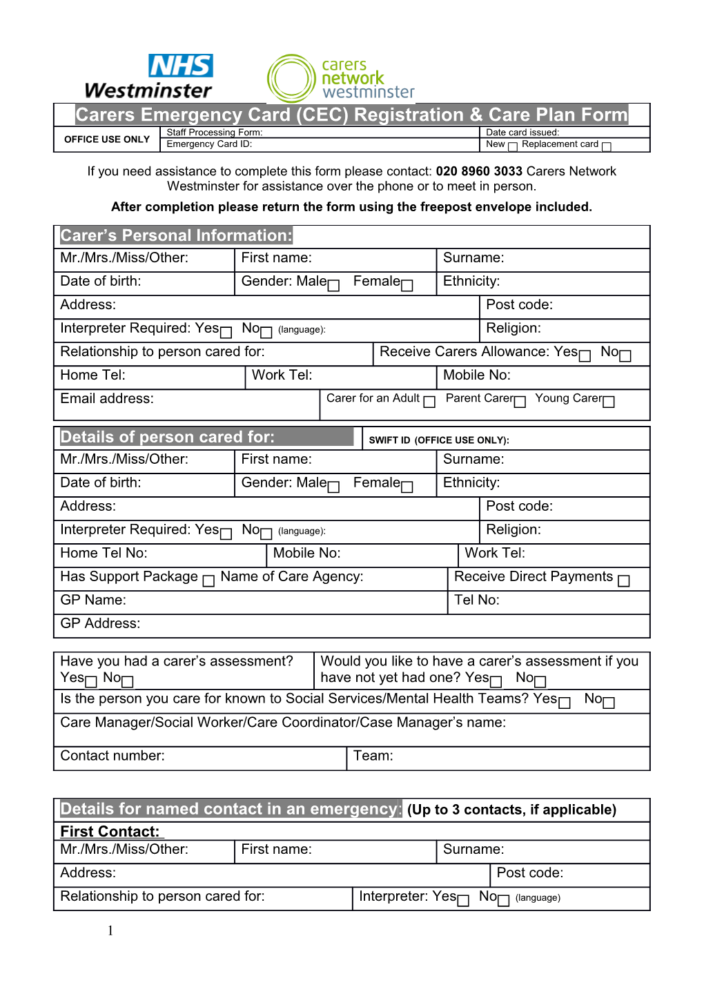 Westminster Carers Emergency Card Scheme Registration Form