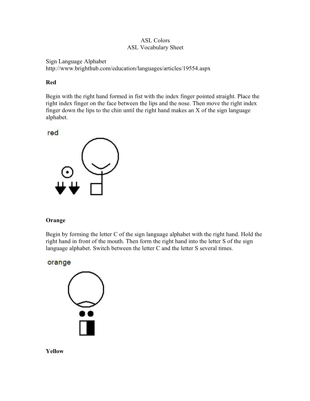 ASL Vocabulary Sheet