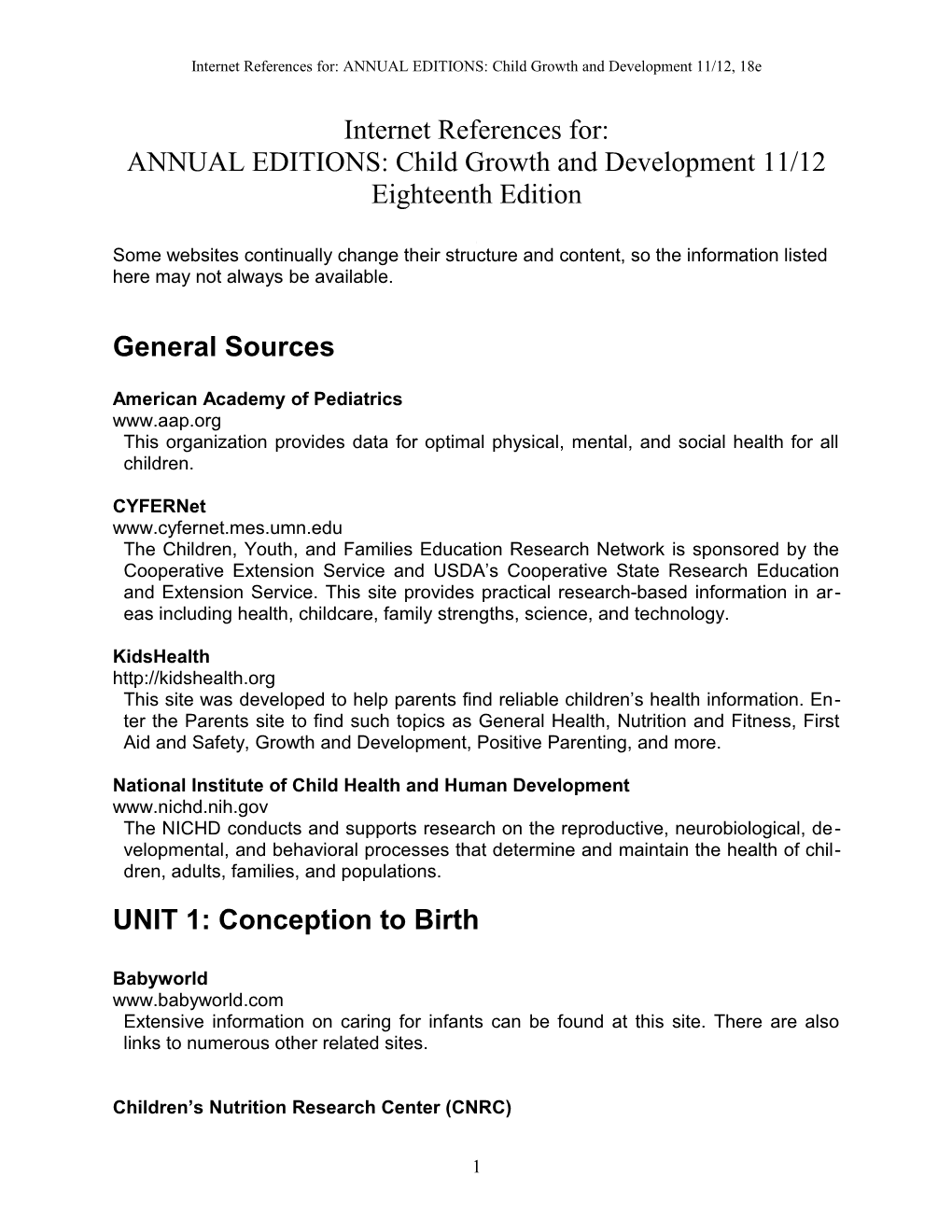 Internet References For:ANNUAL EDITIONS: Child Growth and Development 11/12, 18E
