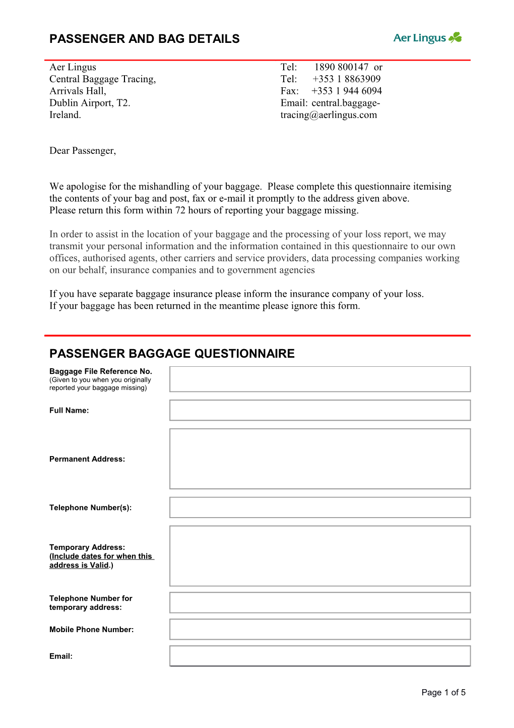 Passenger Baggage Questionnaire