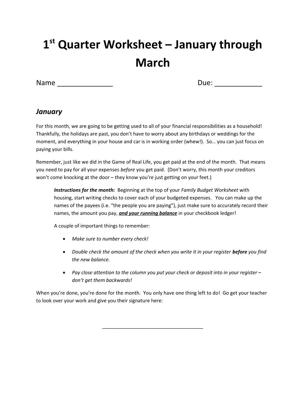 1St Quarter Worksheet January Through March