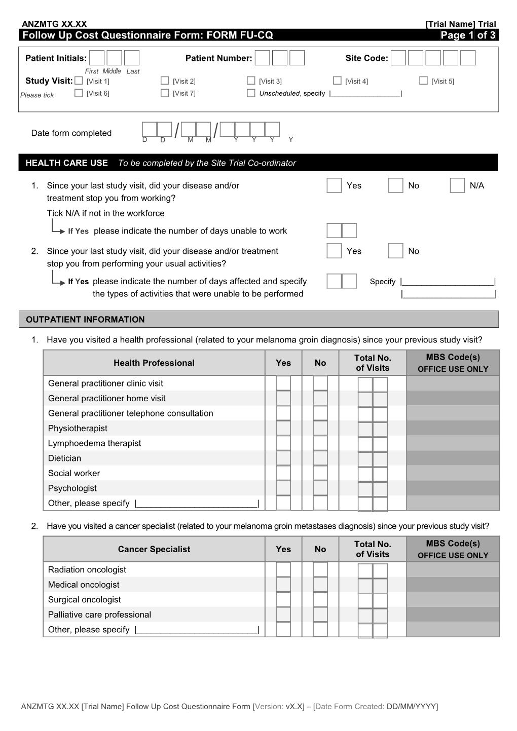 Trial Name Follow up Cost Questionnaire Form