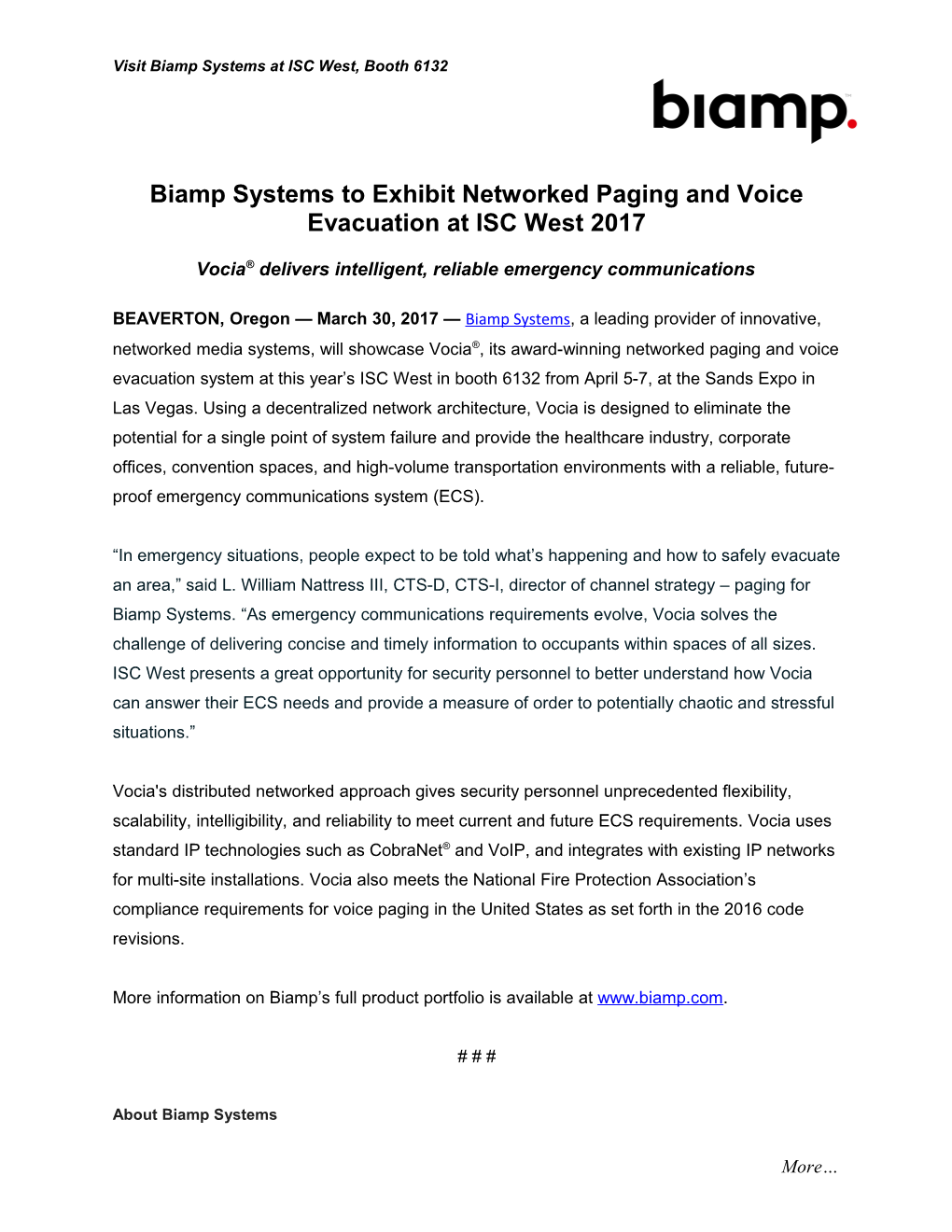 Biamp Systemsto Exhibit Networked Paging and Voice Evacuation at ISC West 2017