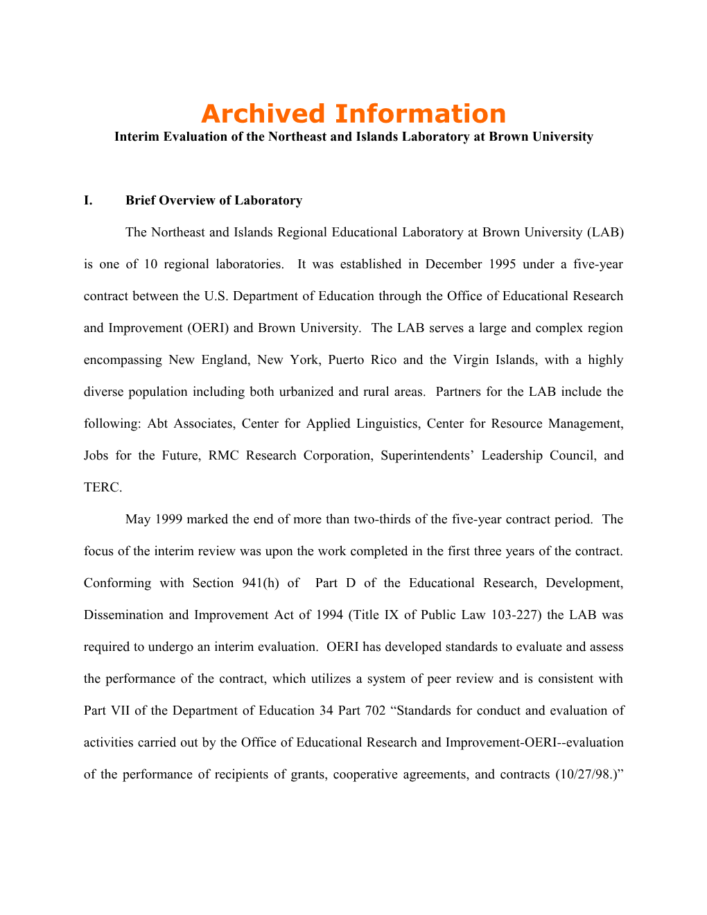 Archived Information Interim Evaluation of the LAB at Brown: Final Individual Written Evaluation