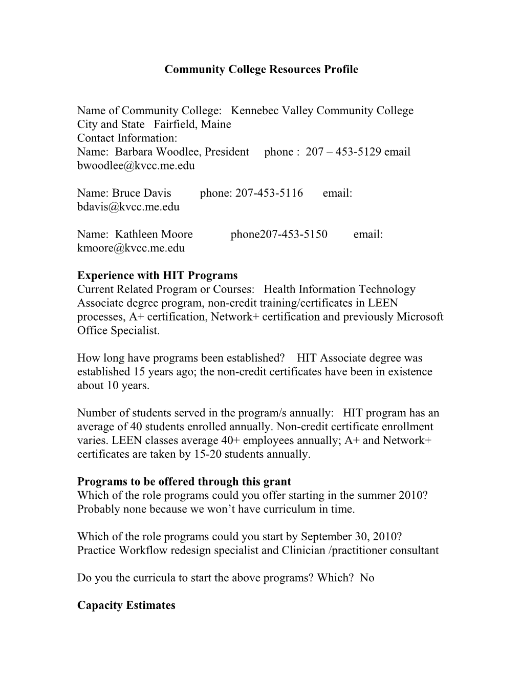 Community College Resources Profile