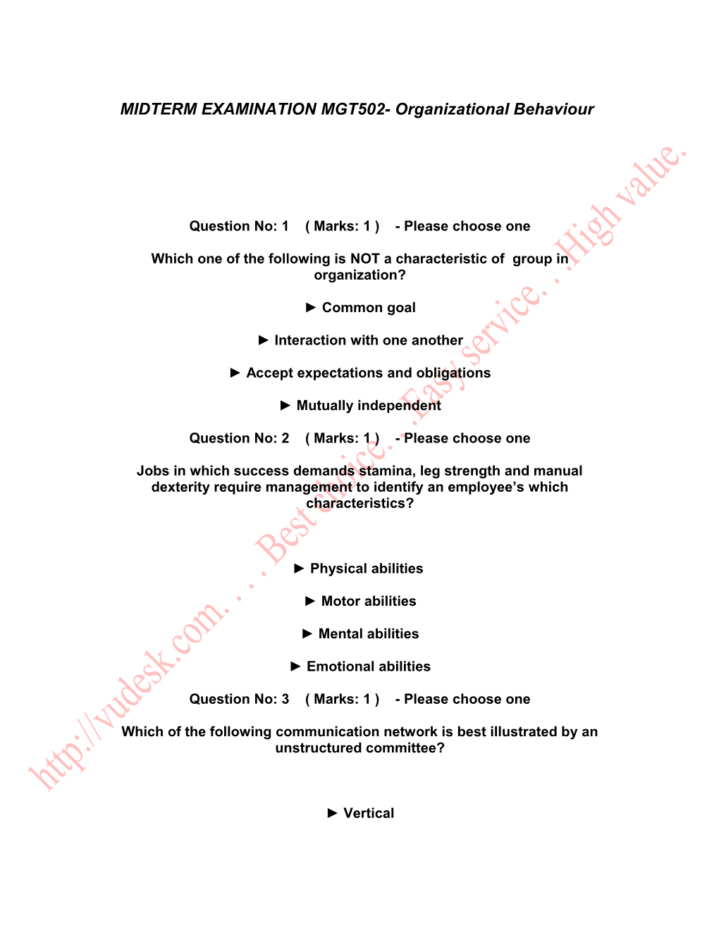 MIDTERM EXAMINATION MGT502- Organizational Behaviour