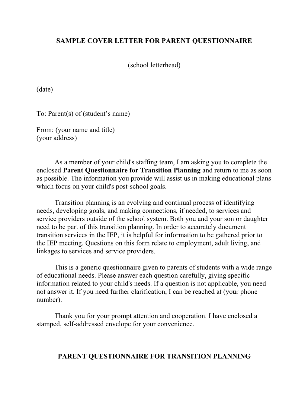 Sample Cover Letter for Parent Questionnaire