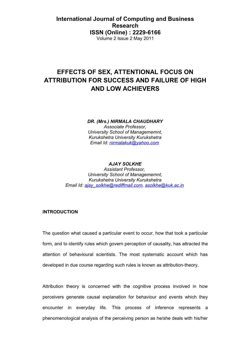 Effects of Sex, Attentional Focus on Attribution for Success and Failure of High and Low