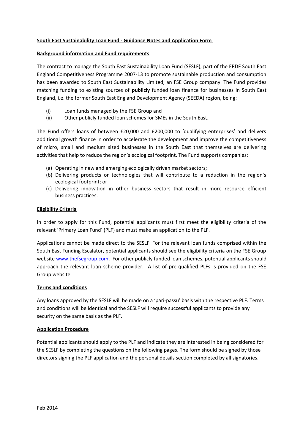 South East Sustainability Loan Fund - Guidance Notes and Application Form