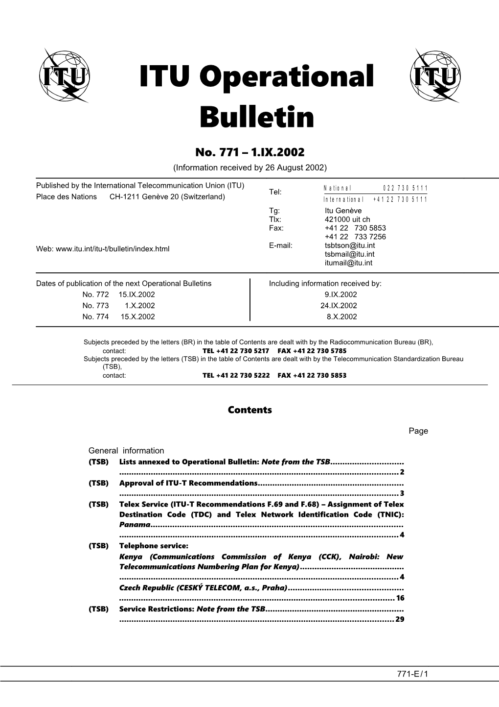 ITU Operational Bulletin 771 - 1.IX.2002