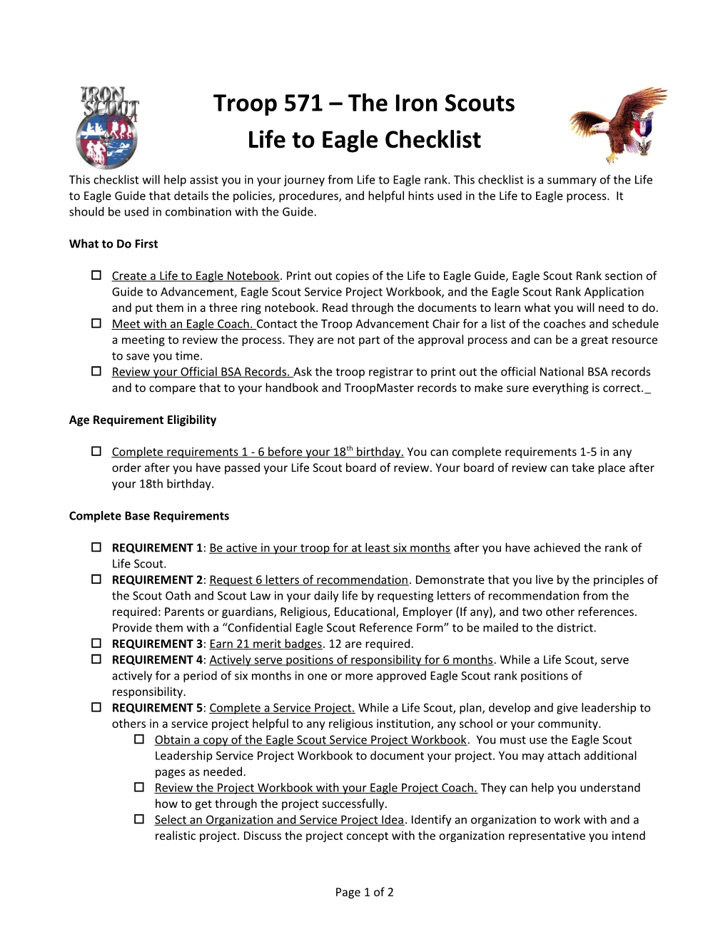 Troop 571 the Iron Scouts Life to Eagle Checklist