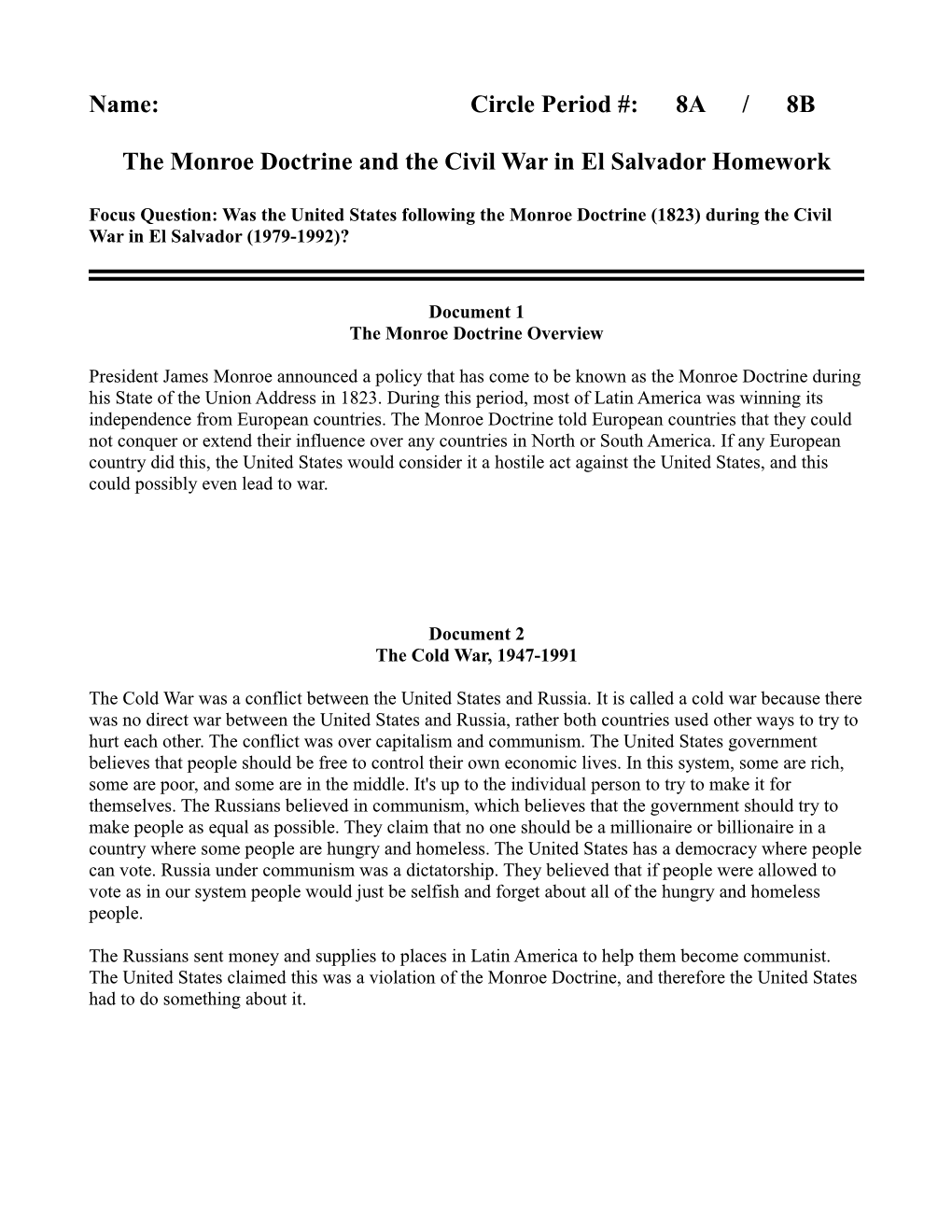 The Monroe Doctrine and the Civil War in El Salvador Homework