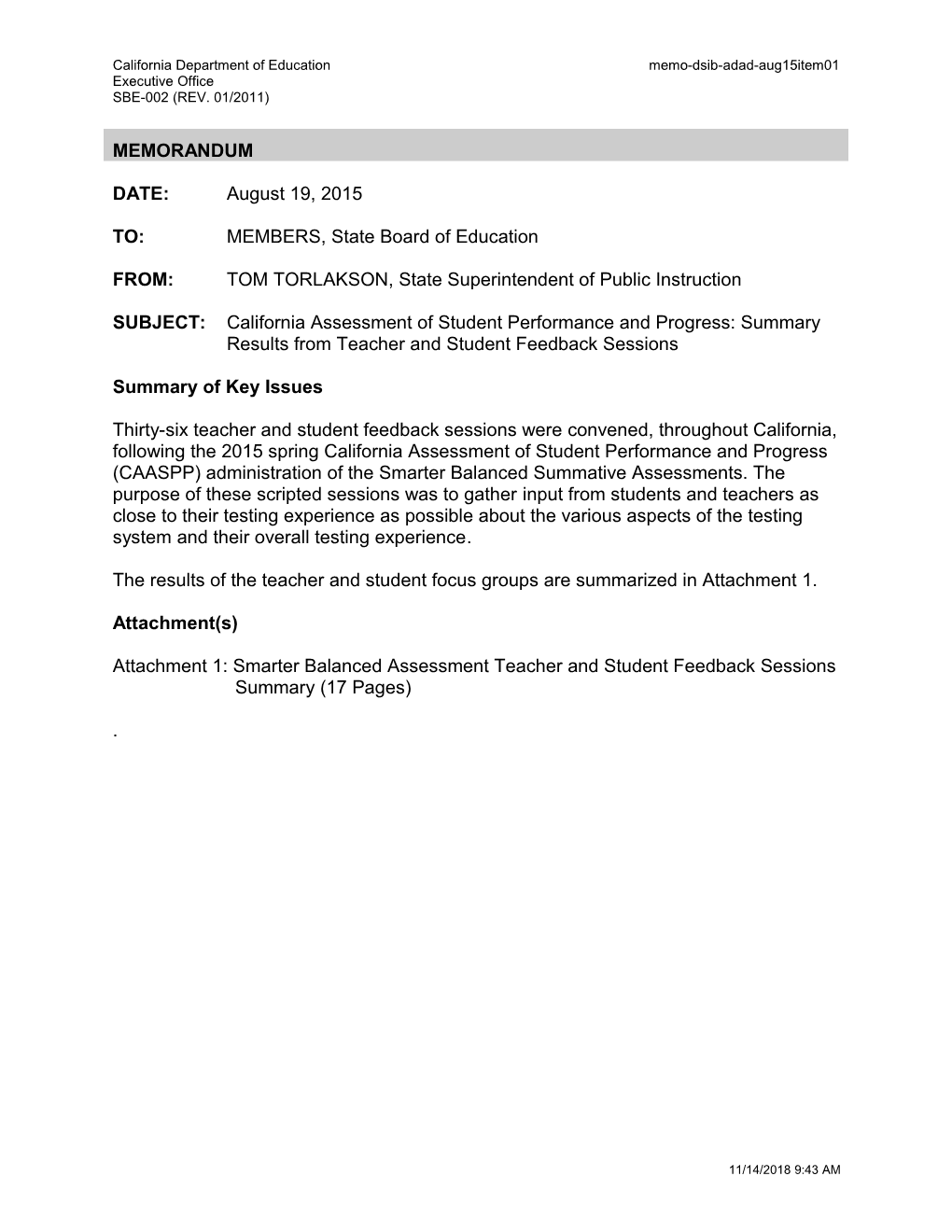 August 2015 Memo DSIB ADAD Item 01 - Information Memorandum (CA State Board of Education)
