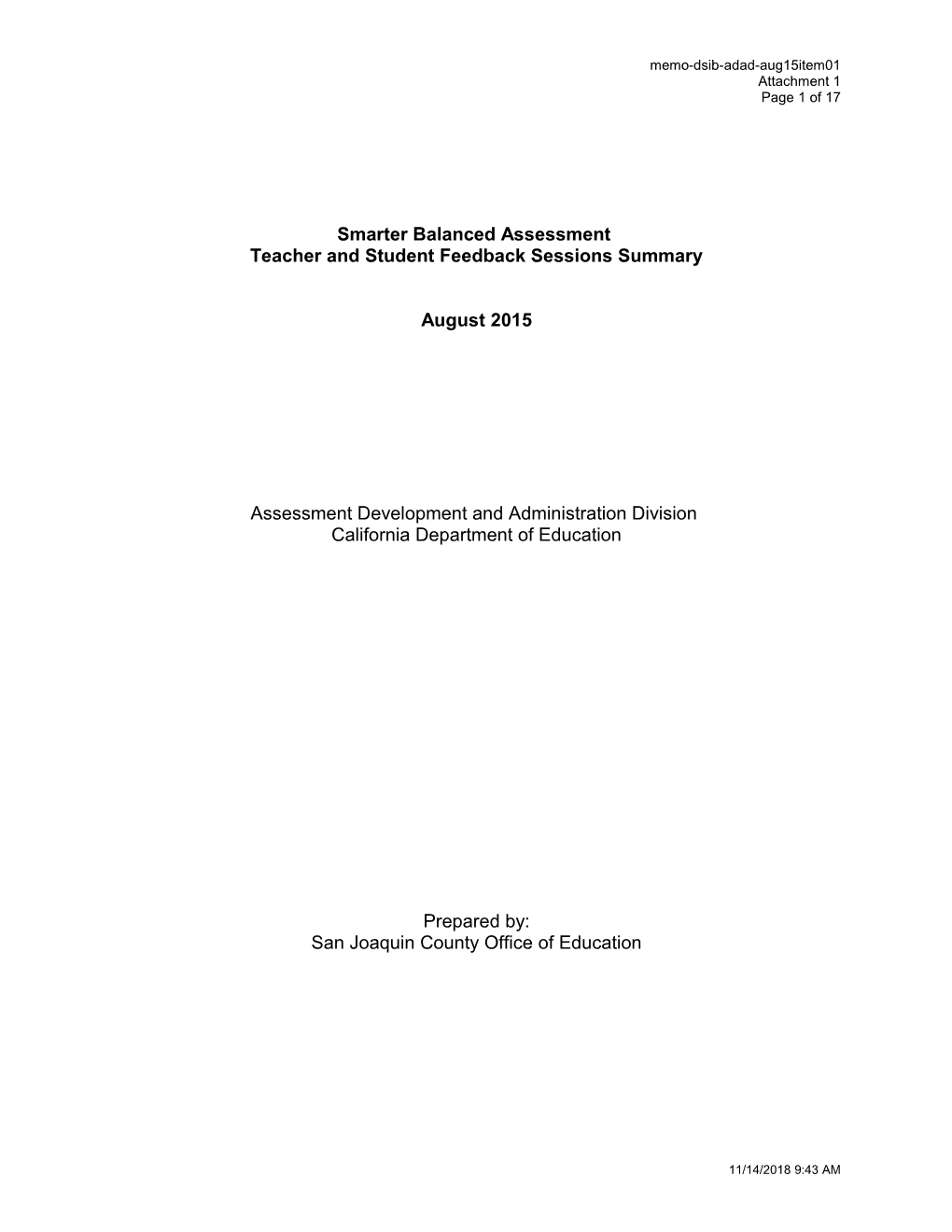 August 2015 Memo DSIB ADAD Item 01 - Information Memorandum (CA State Board of Education)