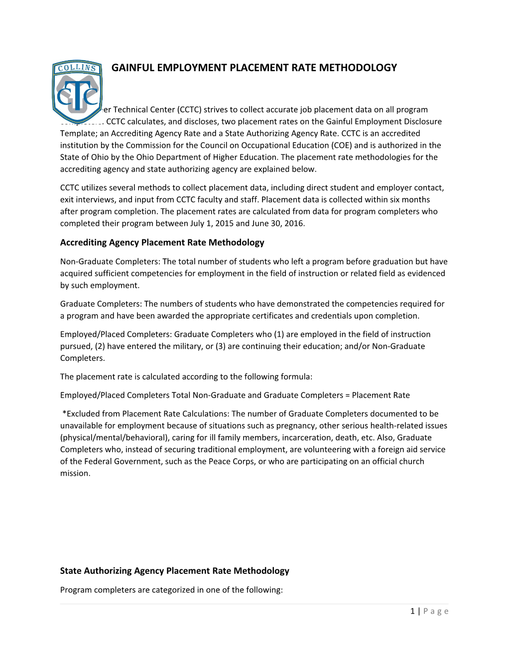 Accrediting Agency Placement Rate Methodology