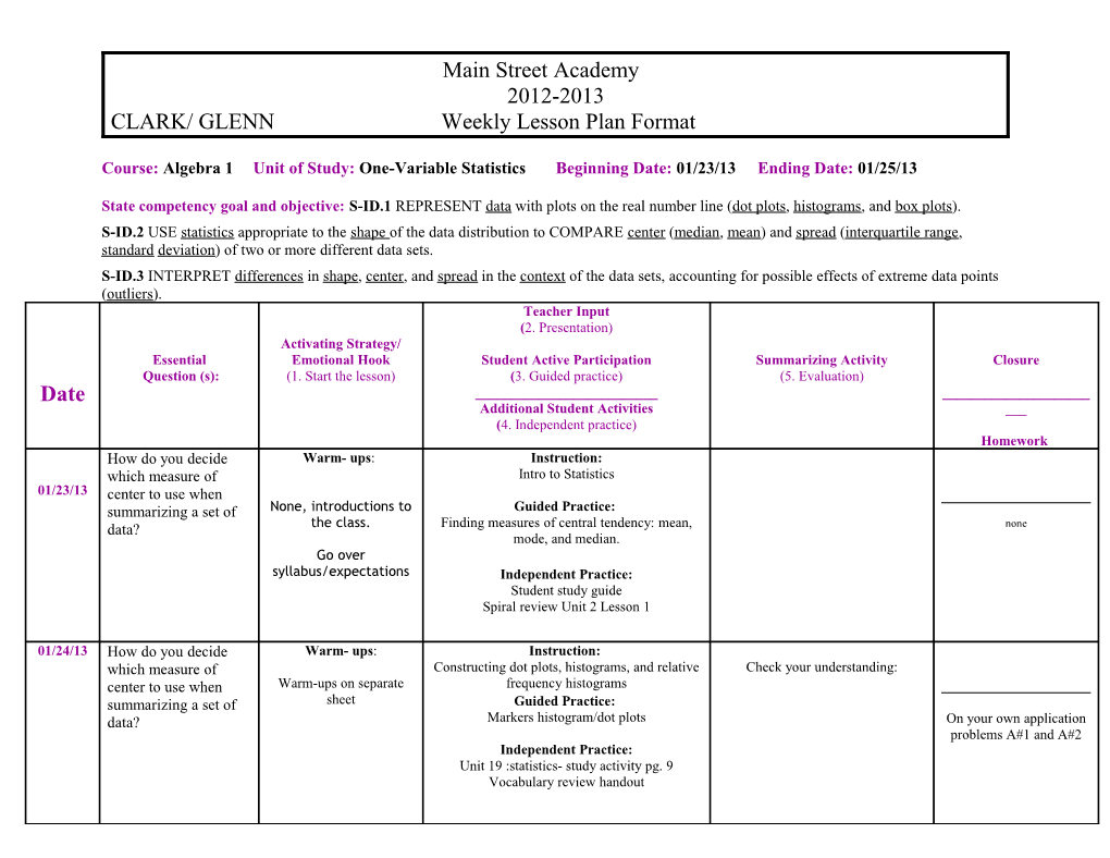 Course:Algebra 1 Unit of Study:One-Variable Statisticsbeginning Date: 01/23/13Ending Date