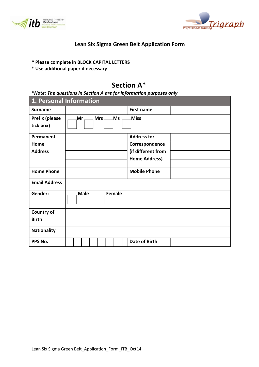 Lean Six Sigma Green Belt Application Form