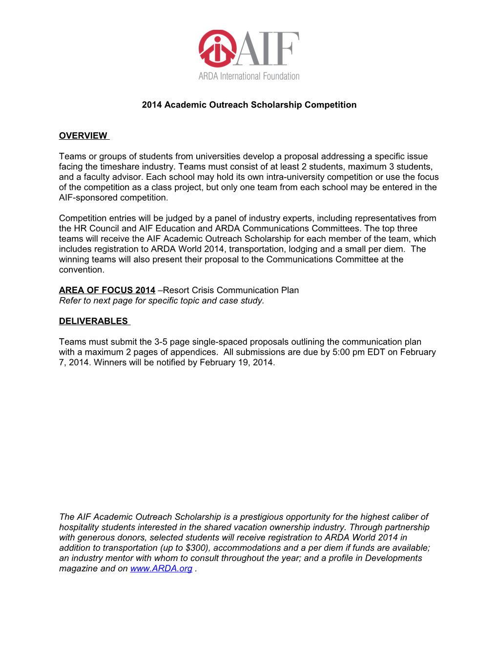 2014 Academic Outreach Scholarship Competition
