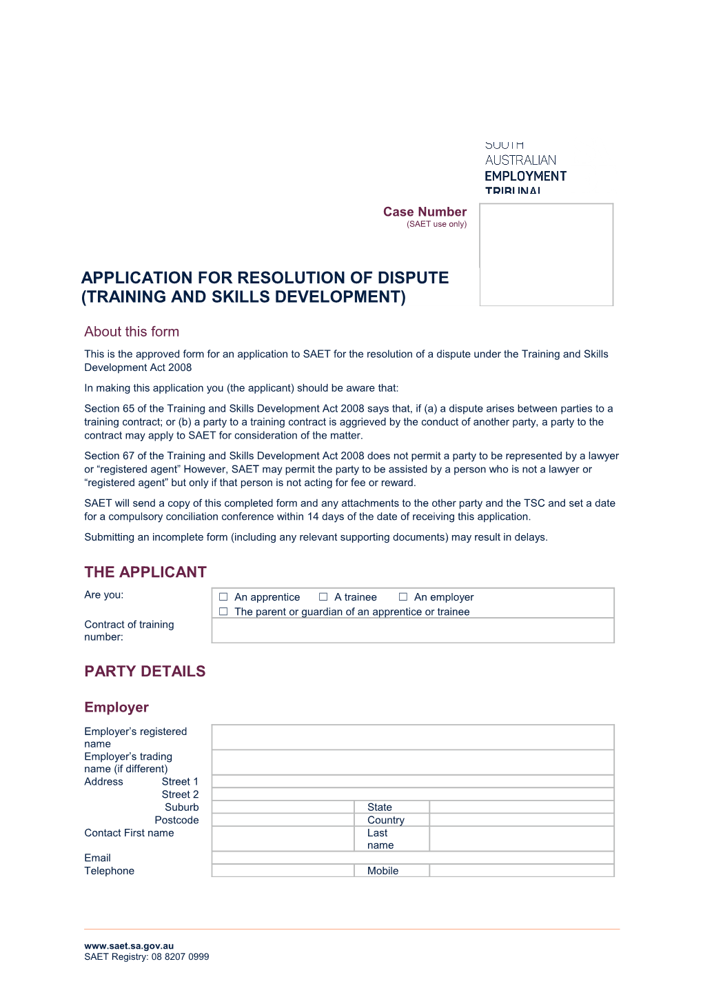 Application for Resolution of Dispute