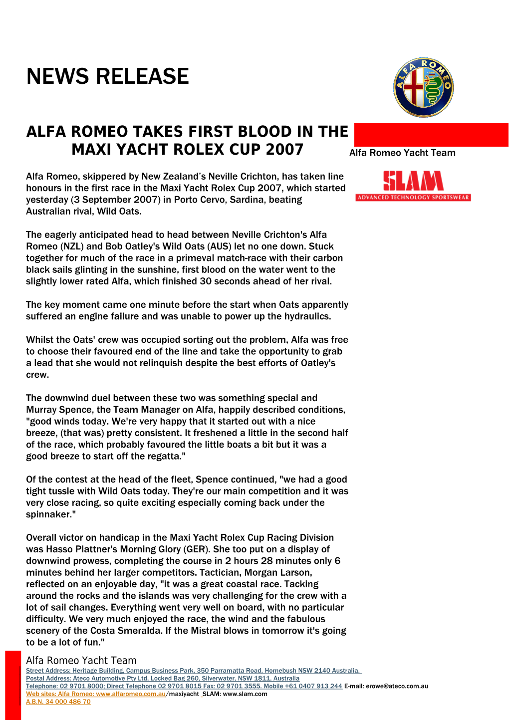 Alfa Romeotakes First Blood in the Maxi Yacht Rolex Cup 2007