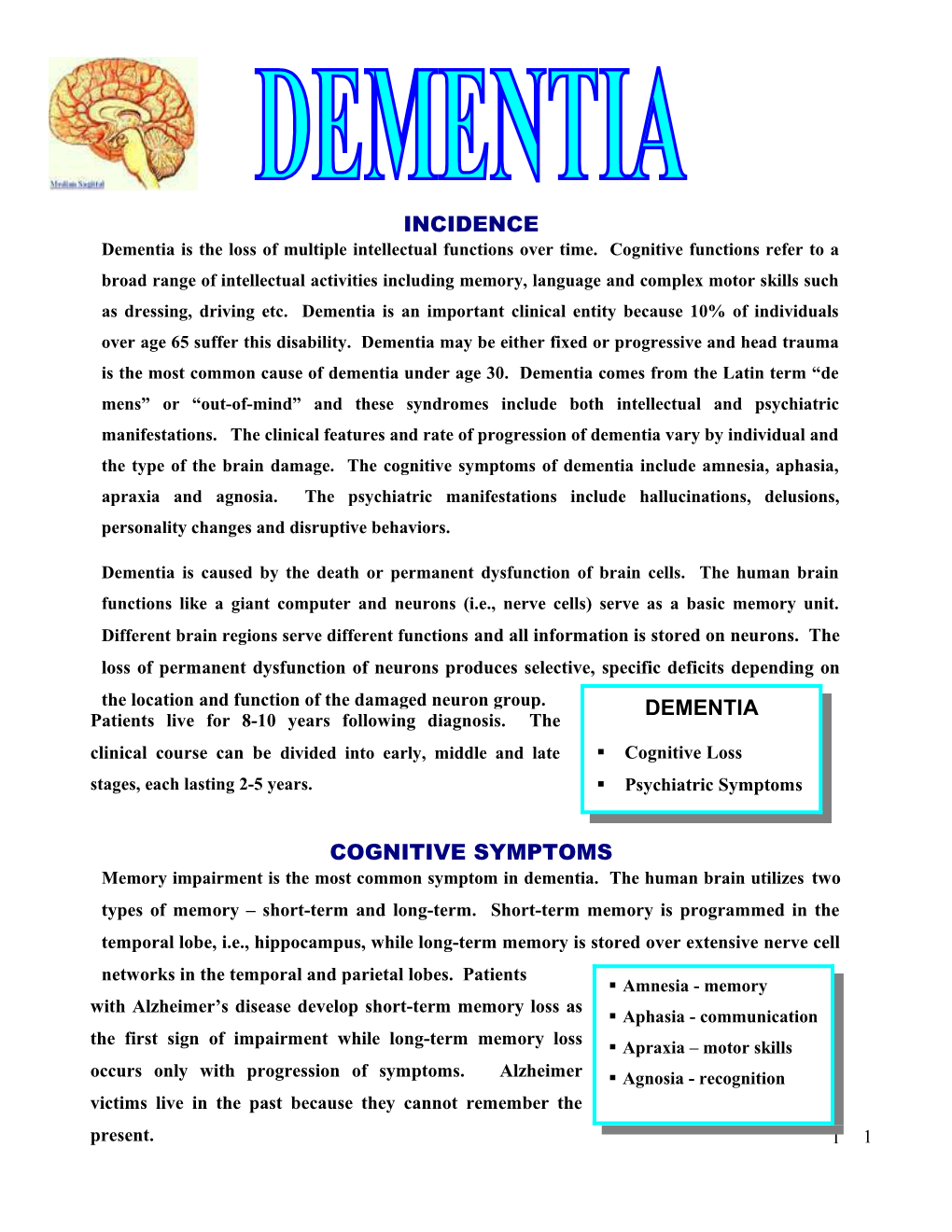 Dementia Is the Loss of Multiple Intellectual Functions Over Time. Cognitive Functions