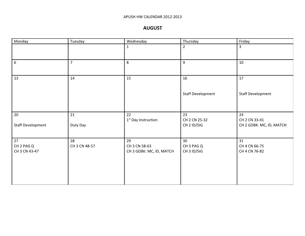 Apush Hw Calendar 2012-2013