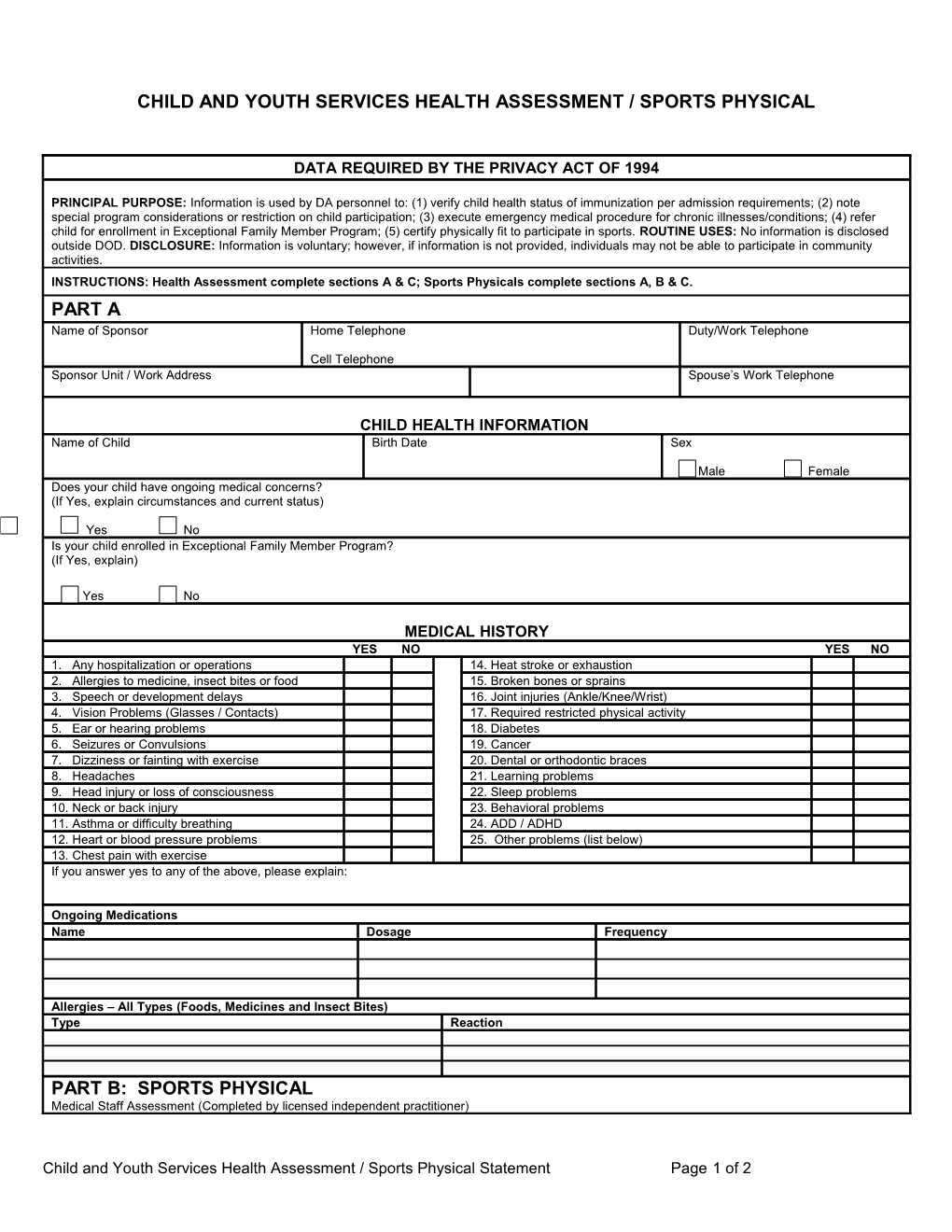 Child and Youth Health Assessment / Sports Physical