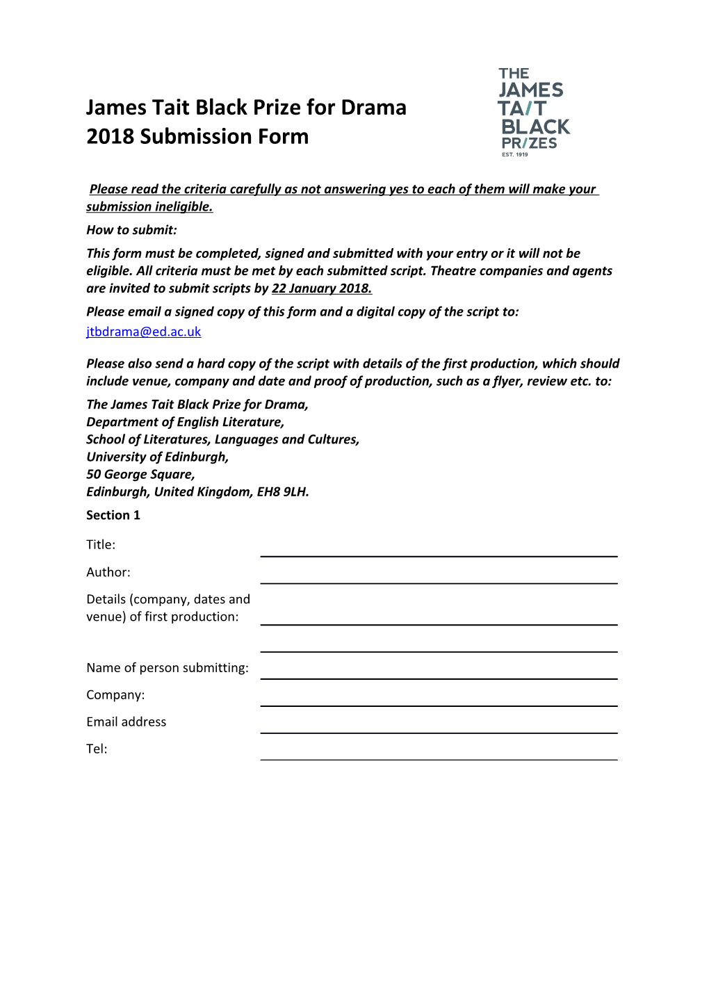 Please Email a Signed Copy of This Form and a Digital Copy of the Script To