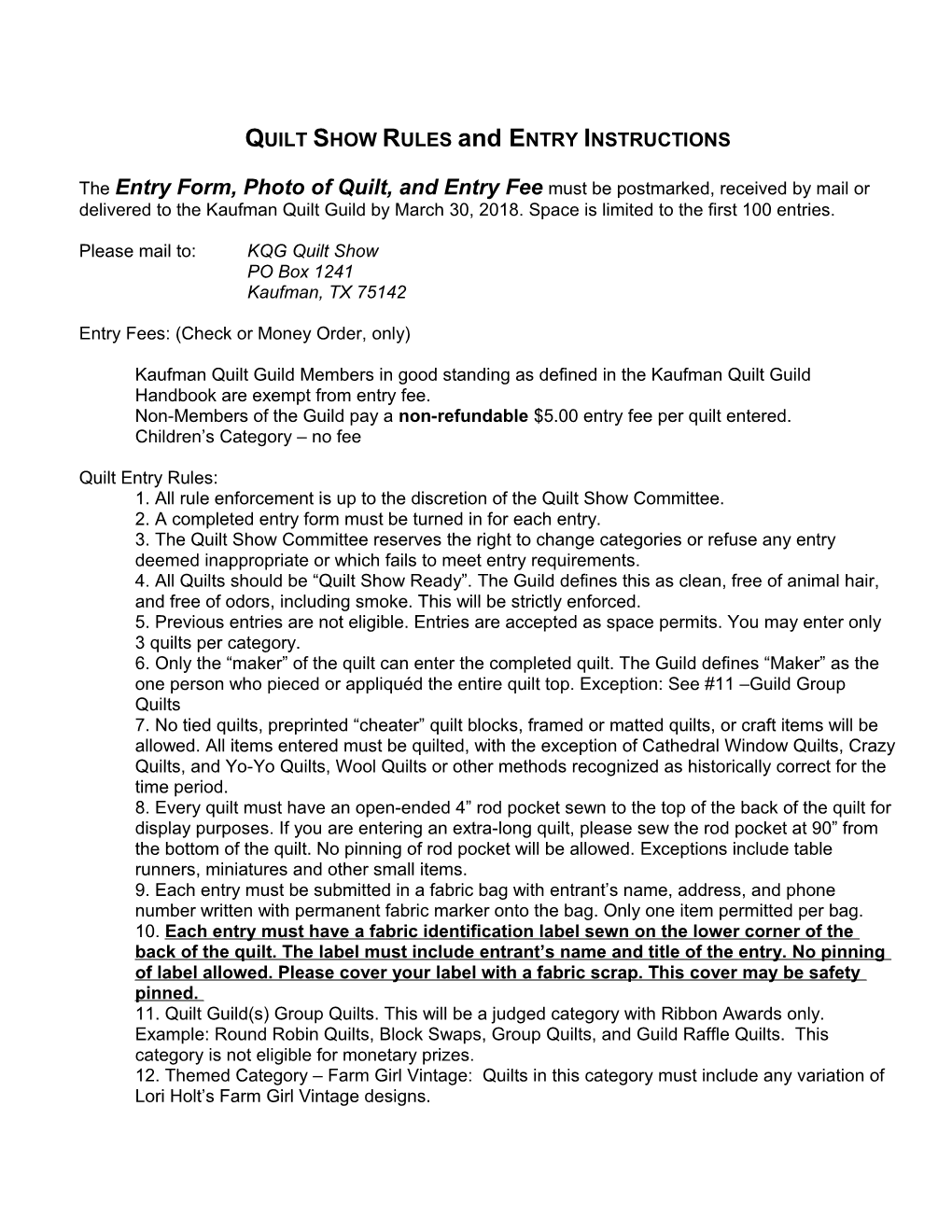 QUILT SHOW RULES and ENTRY INSTRUCTIONS
