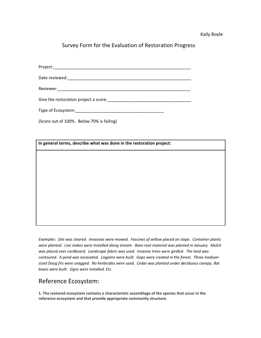 Survey Form for the Evaluation of Restoration Progress