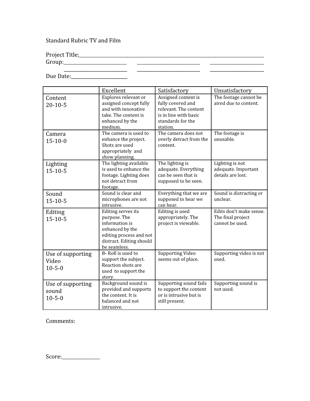 Standard Rubric TV and Film