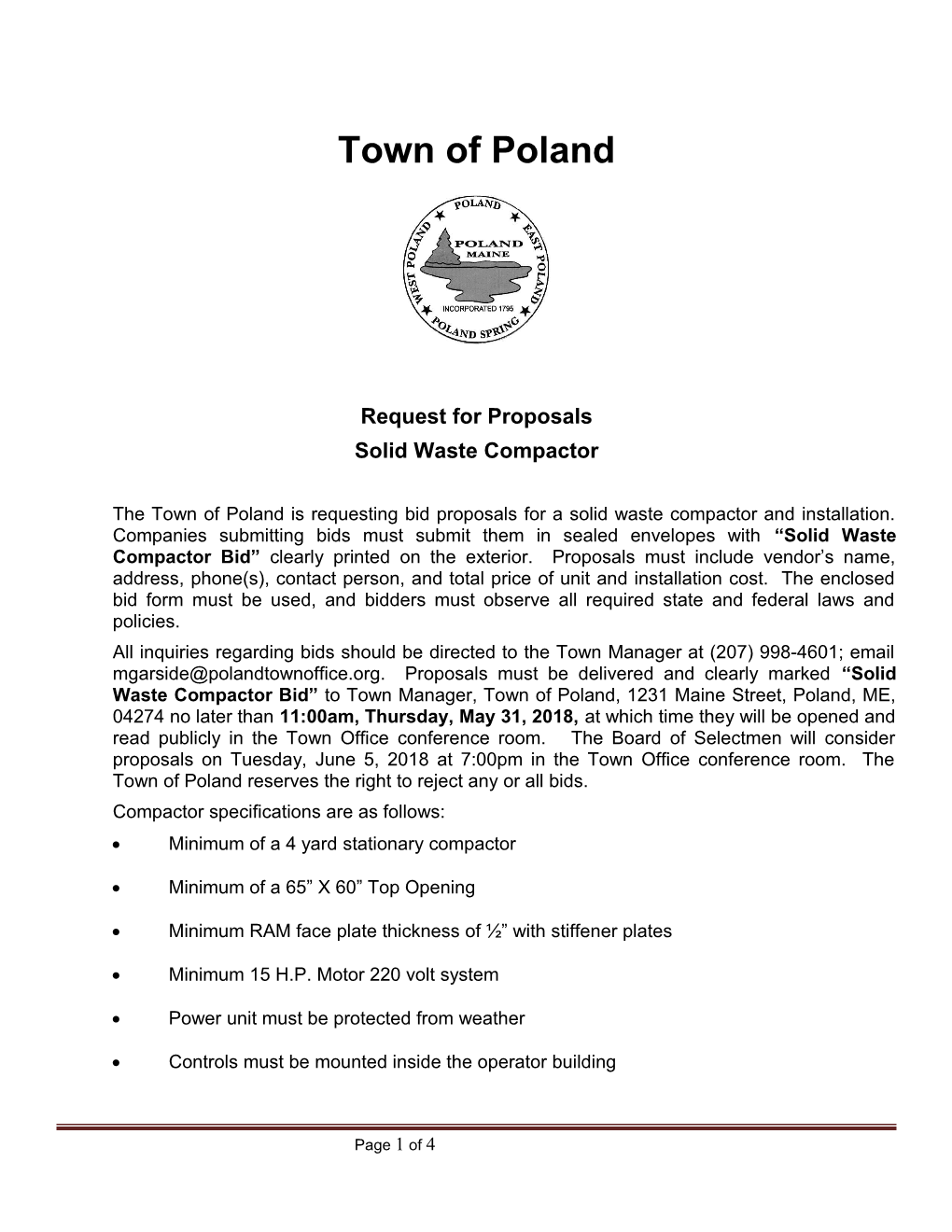 Town of Poland 2014 Solid Waste Compactor RFP