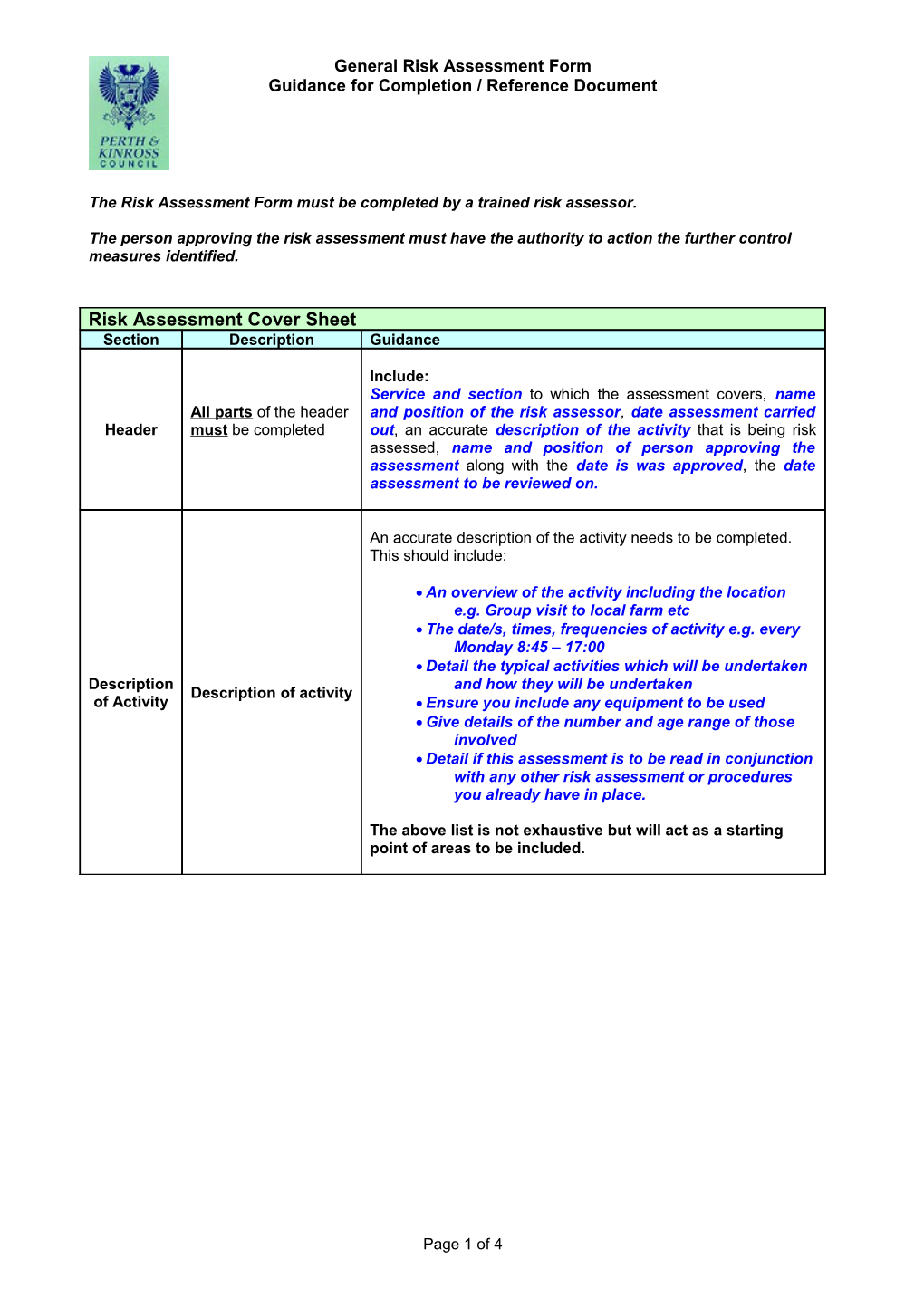 General Risk Assessment Form Guidance for Completion