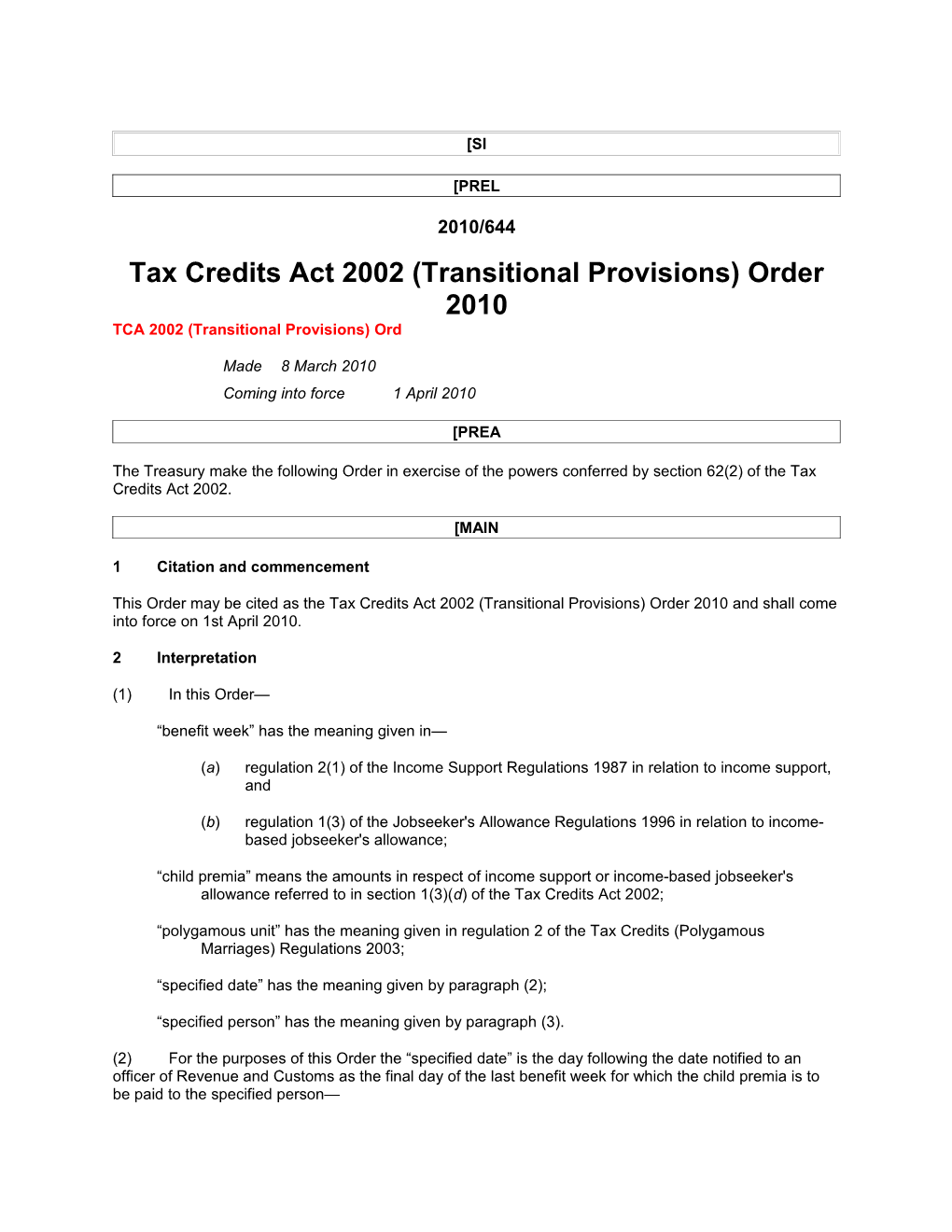 Tax Credits Act 2002 (Transitional Provisions) Order 2010