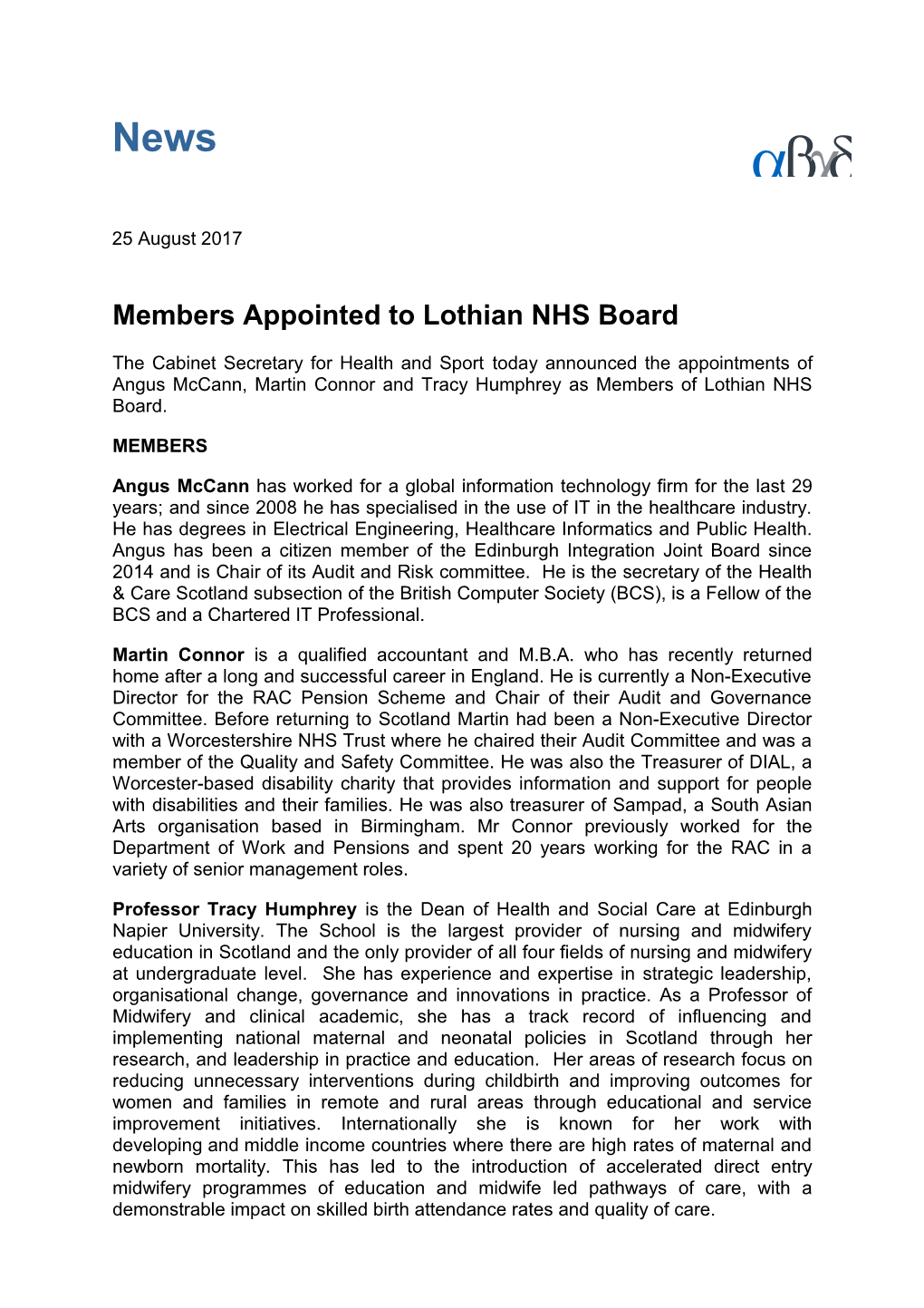 Membersappointed to Lothian NHS Board