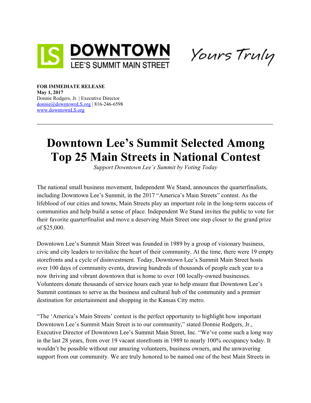 Downtown Lee S Summit Selected Among Top 25 Main Streets in National Contest