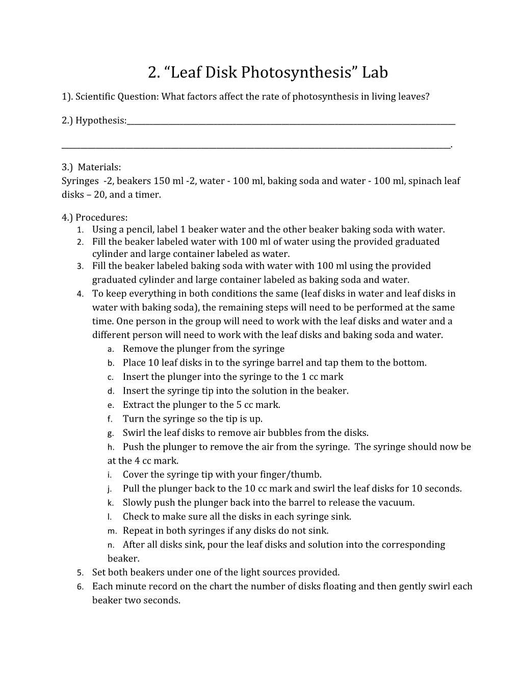 2. Leaf Disk Photosynthesis Lab