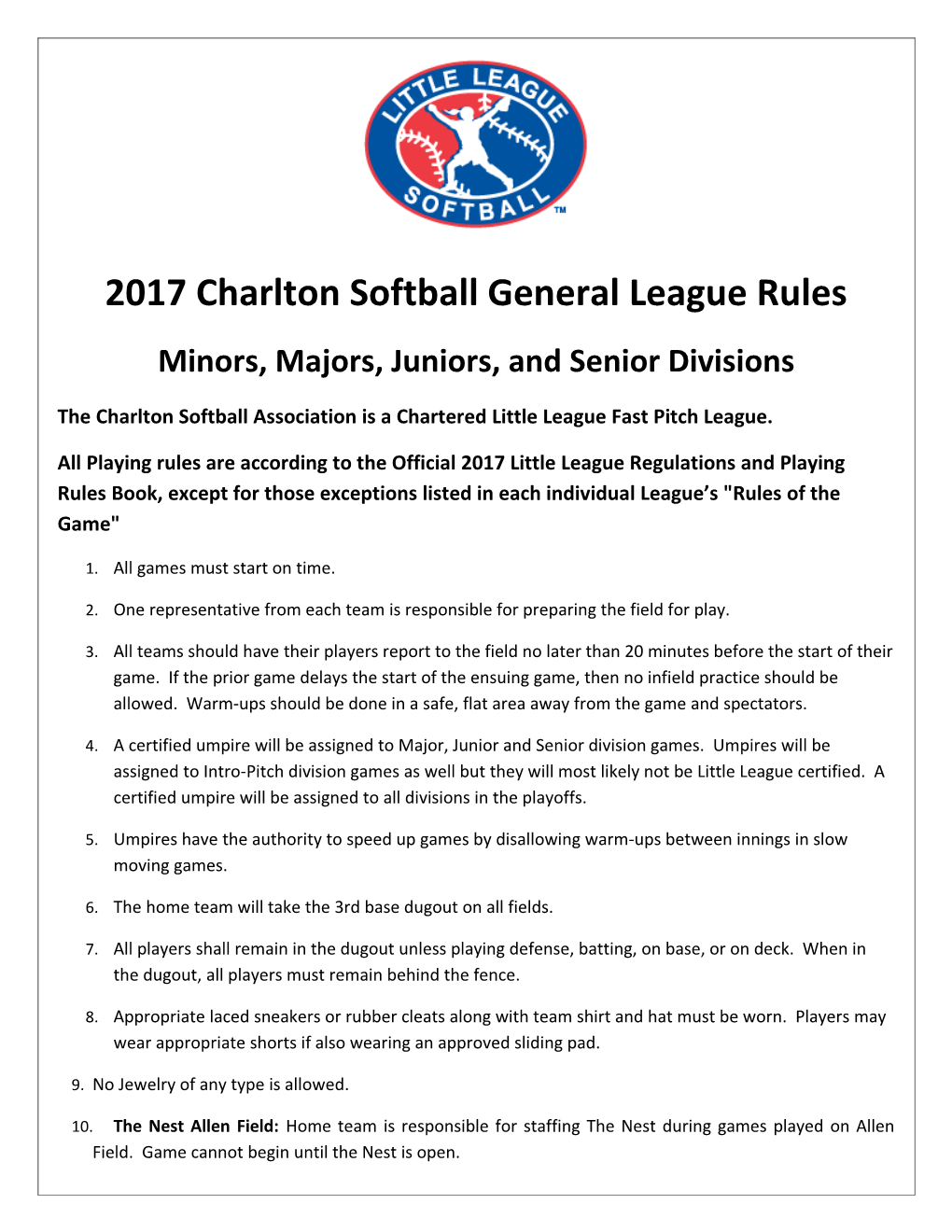 2017 Charlton Softball General League Rules