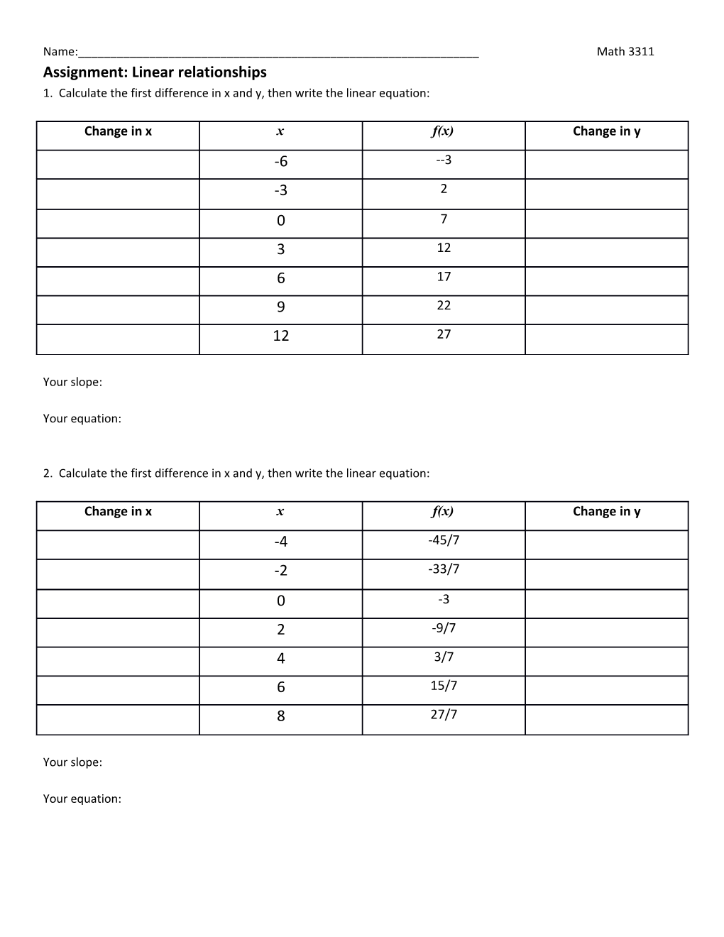 Assignment: Linear Relationships