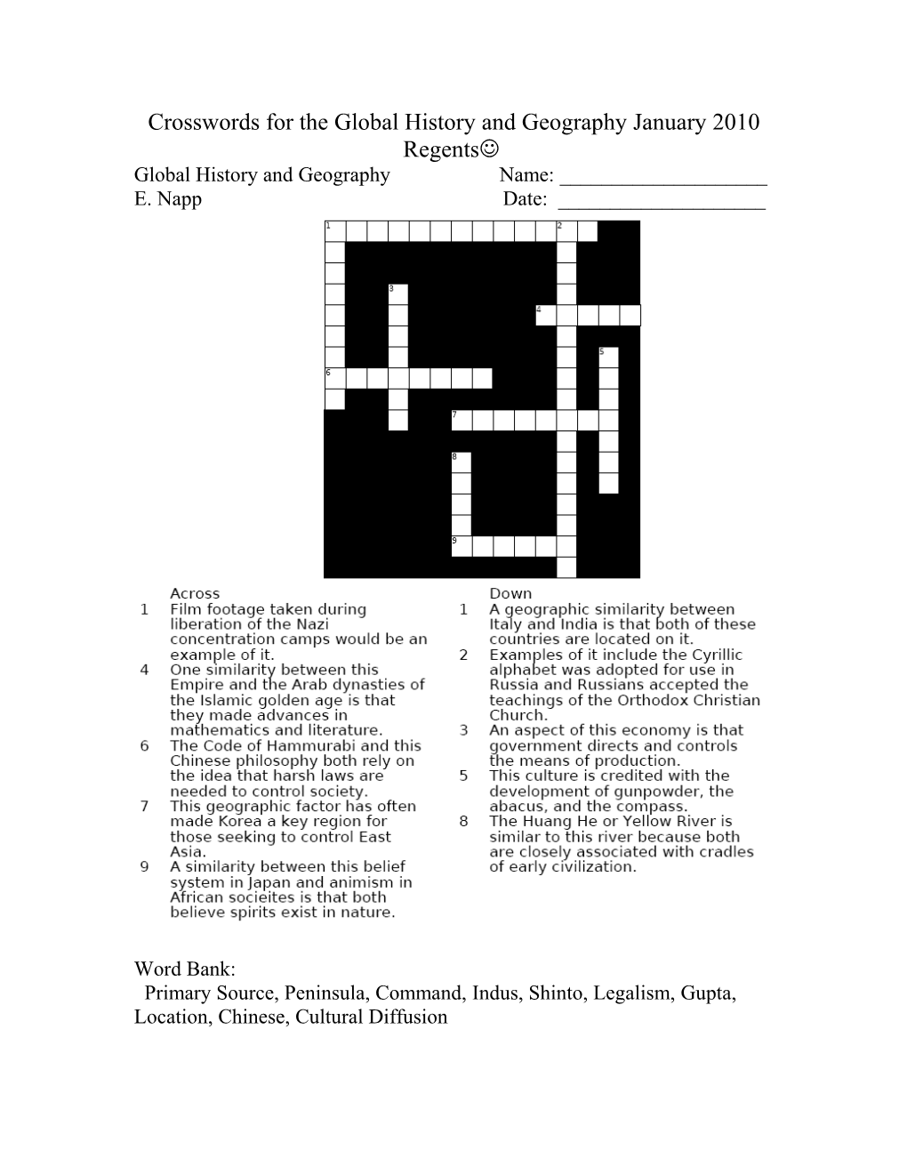 Crosswords for the Global History and Geography January 2008 Regents