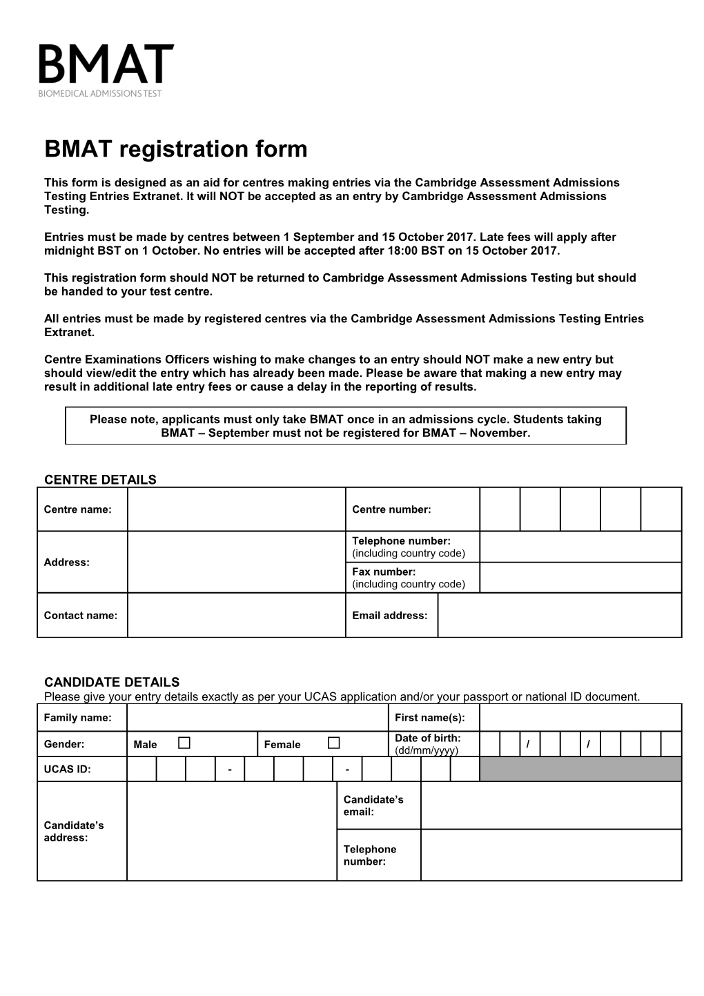 BMAT Registration Form
