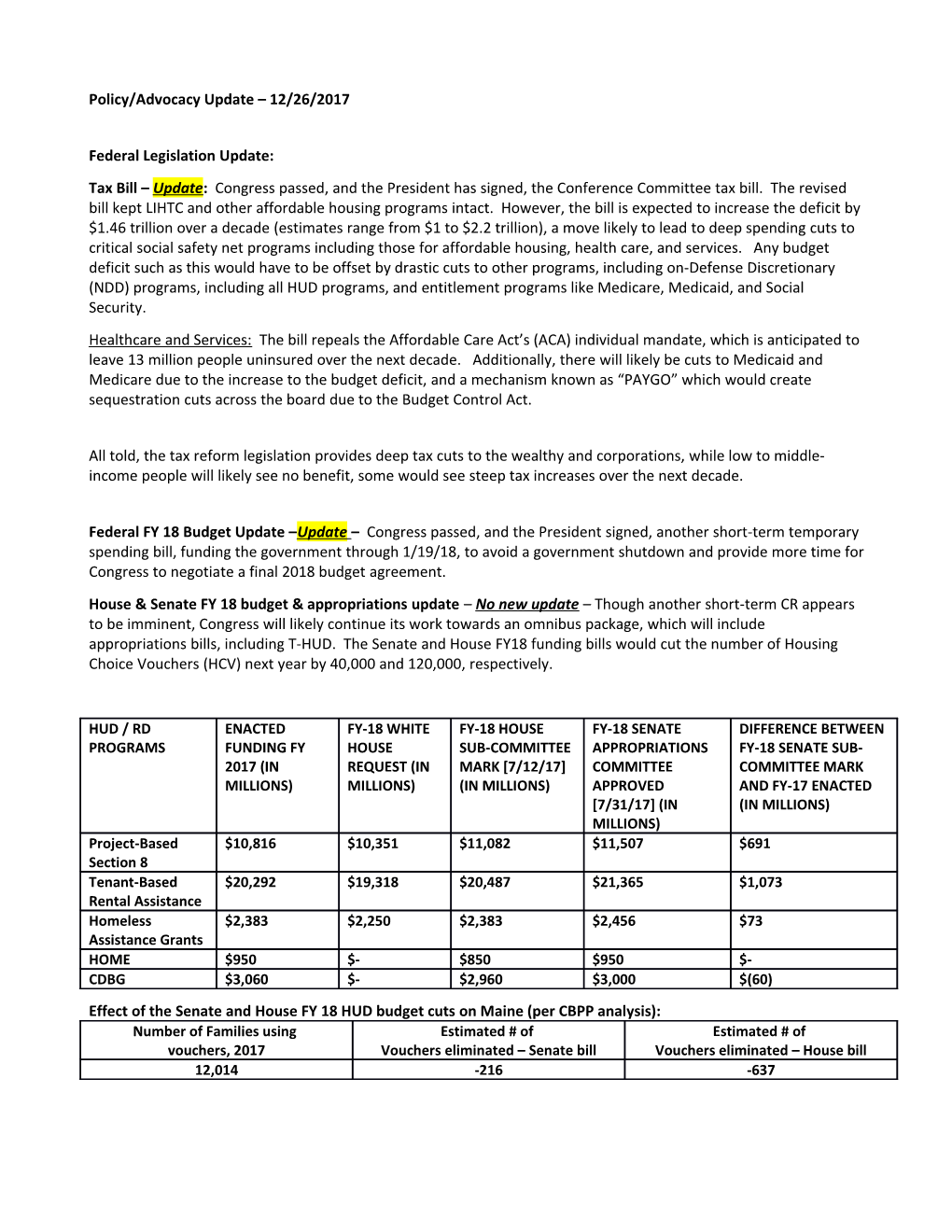 Policy/Advocacy Update 12/26/2017