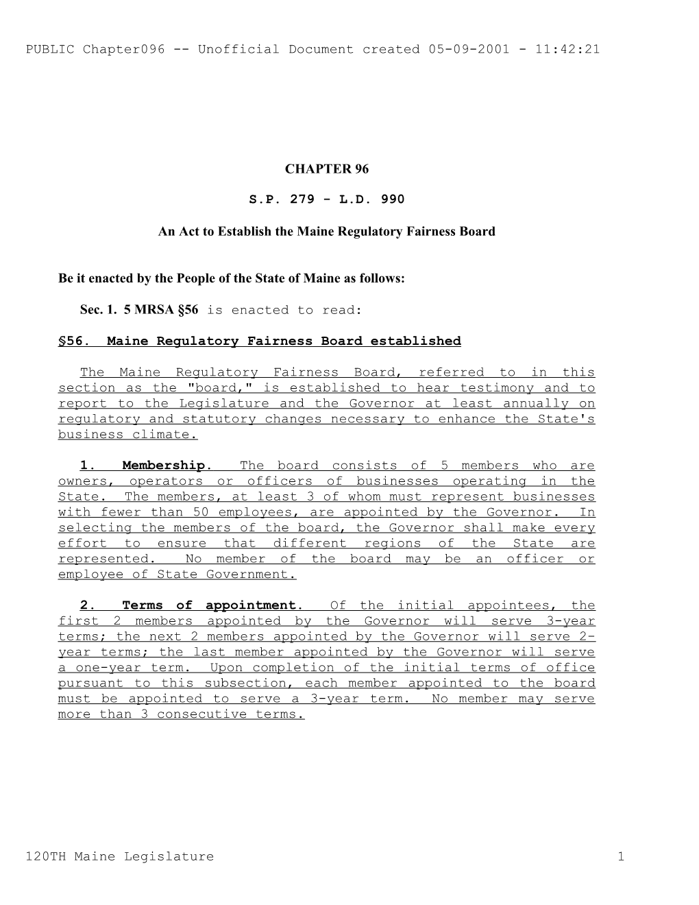 An Act to Establish the Maine Regulatory Fairness Board